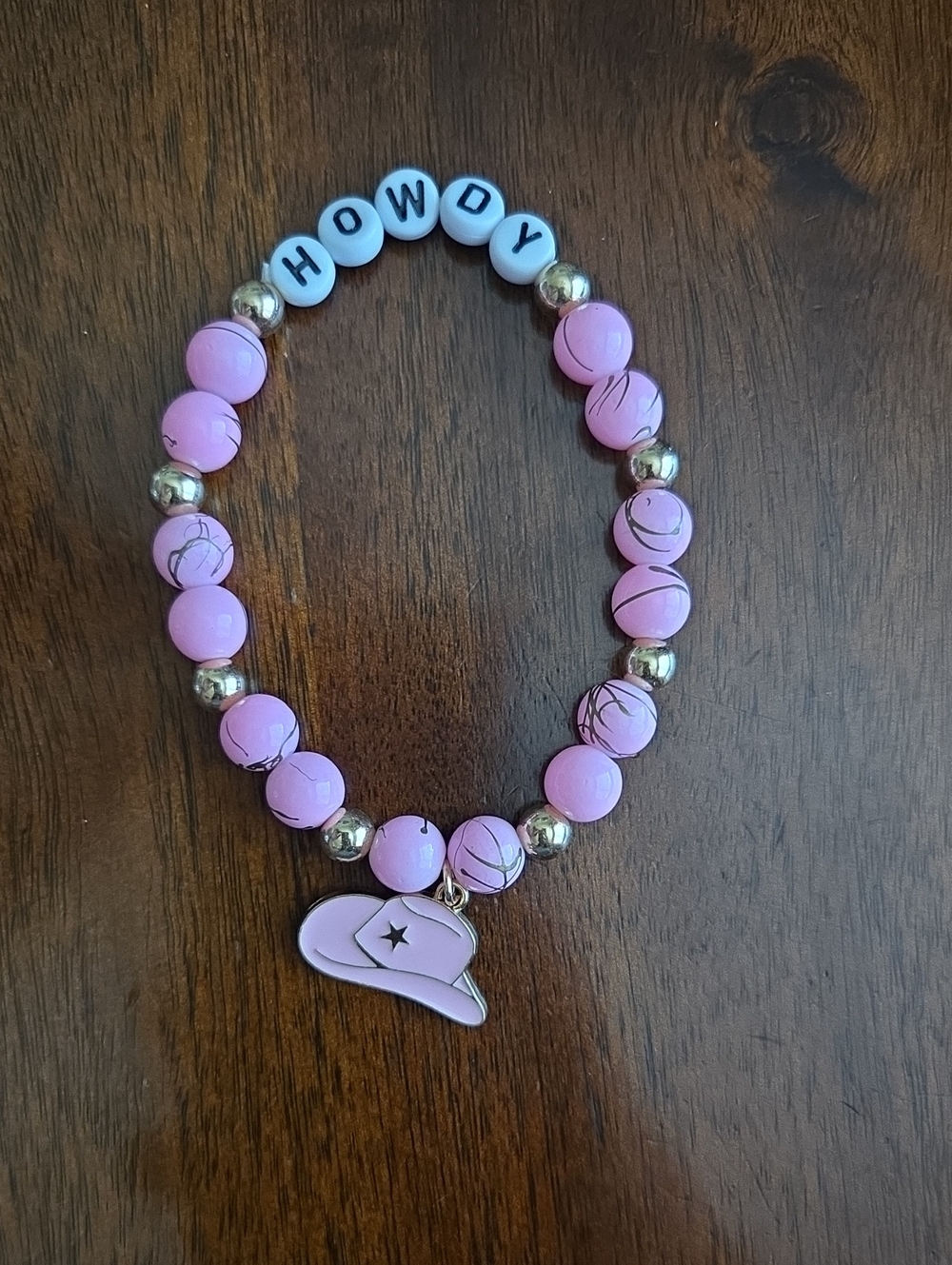 Kids Pink 'Howdy' Beaded Bracelet with Cowboy Hat Charm
